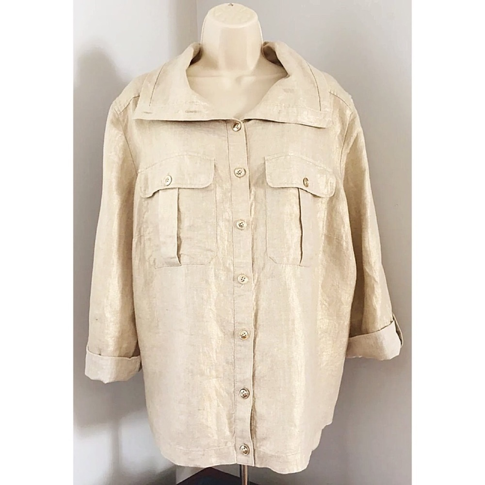 CHICO’S SZ 3 Gold Met 100% Linen Jacket Adj Slvs